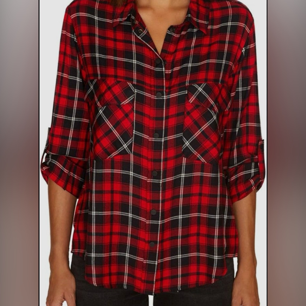 Sanctuary Women’s Red & Black Plaid Collared Button-Down Top, Size Small